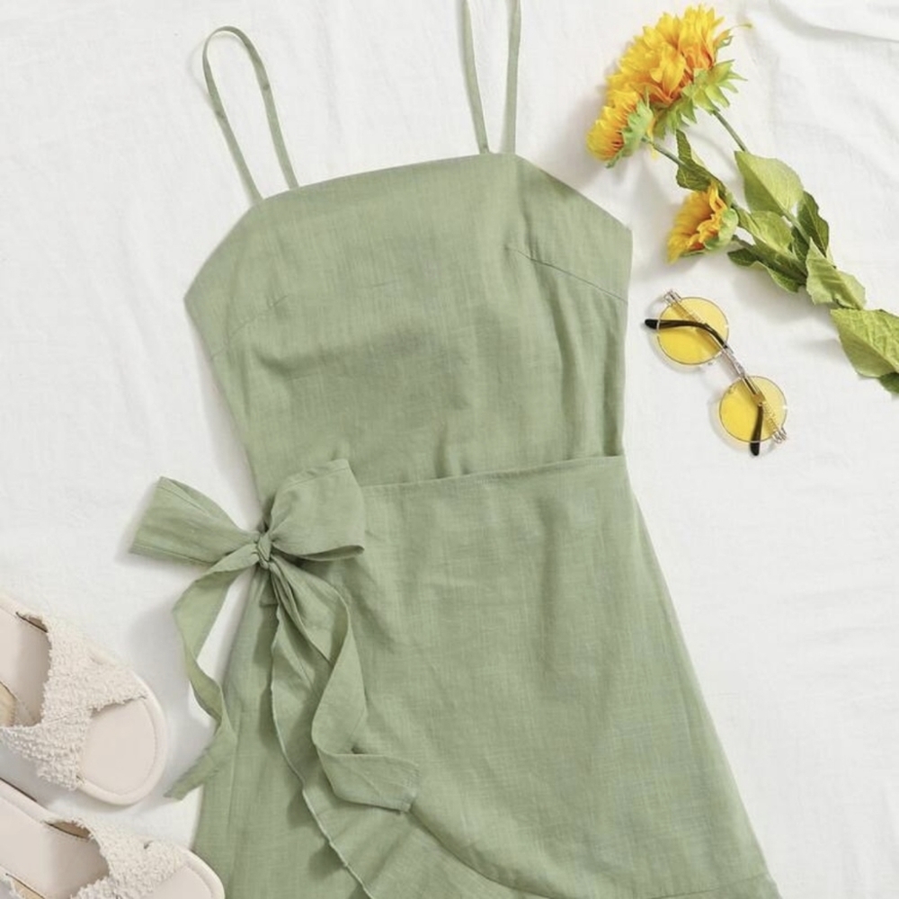 SHEIN XS green drapy wrap dress with ruffles adjustable straps open back
